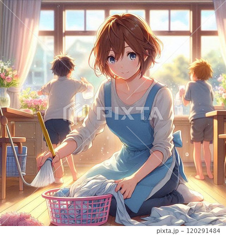 お家のお掃除を頑張るお母さん お家のお掃除を頑張るお母さん 120291484
