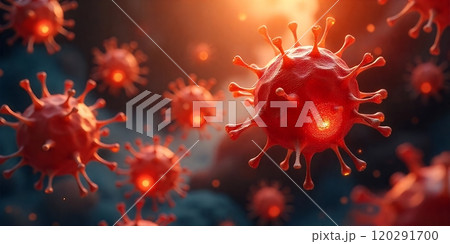 A microscopic image of a virus with spikes. 120291700