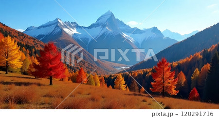 Fall foliage in a valley with snowy mountain peaks. 120291716