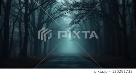 A misty path winds through a dark forest. 120291732
