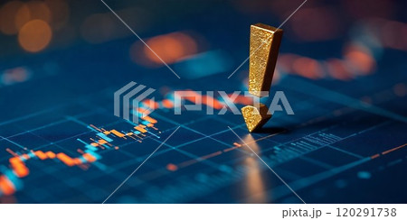 A golden exclamation point stands out against a  blue background with a stock chart. A golden exclamation point stands out against a  blue background with a stock chart. 120291738