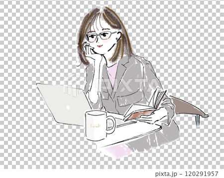一位戴眼鏡的女士看著電腦思考 120291957
