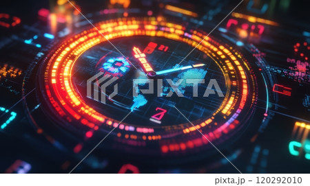 A colorful clock with numbers and a red hour hand 120292010