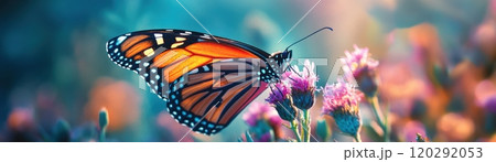 A butterfly is flying over a field of flowers 120292053