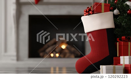 A red stocking sits in front of a fireplace with a tree and presents. 120292223