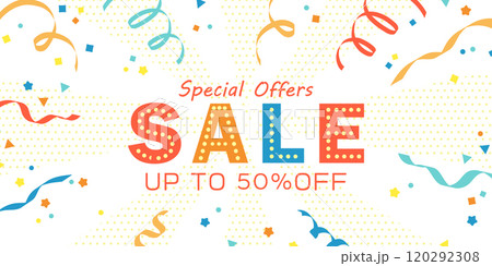 紙吹雪 リボン ポップなセールデザイン ( ベクター web 販売促進 背景素材 バナー )  120292308