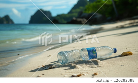 A bottle of water is on the beach, and it is empty 120292399