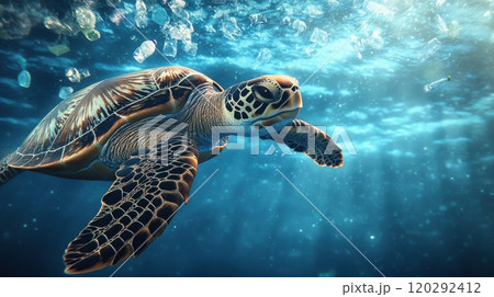 A turtle swimming in the ocean with plastic debris in the water A turtle swimming in the ocean with plastic debris in the water 120292412