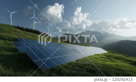 A solar panel farm with wind turbines in the background A solar panel farm with wind turbines in the background 120292413