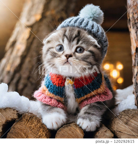 冬の防寒着を身に着けた可愛いスコティッシュフォールドの子猫 120292615
