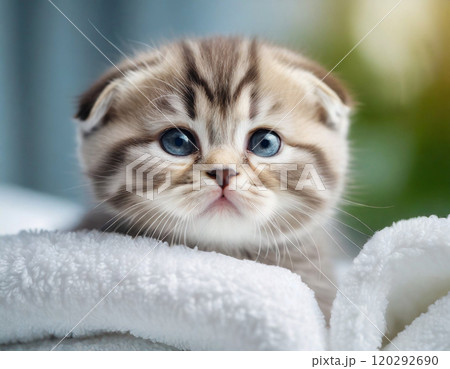 ふわふわのタオルの山から顔を出すスコティッシュフォールドの可愛い子猫 ふわふわのタオルの山から顔を出すスコティッシュフォールドの可愛い子猫 120292690