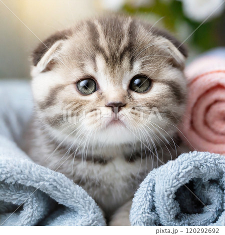 ふわふわのタオルの山から顔を出すスコティッシュフォールドの可愛い子猫 120292692