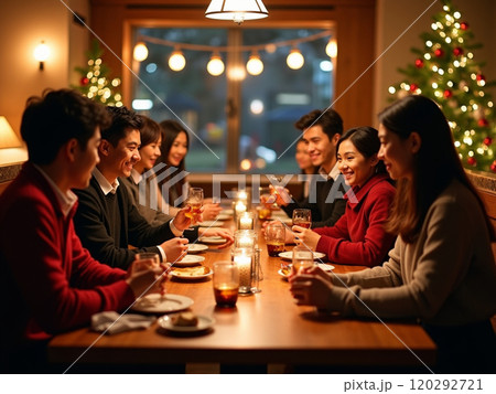 クリスマスに食事会をする男女 120292721