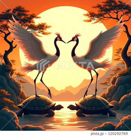 鶴と亀が象徴する長寿と繁栄のデザイン 鶴と亀が象徴する長寿と繁栄のデザイン 120292769