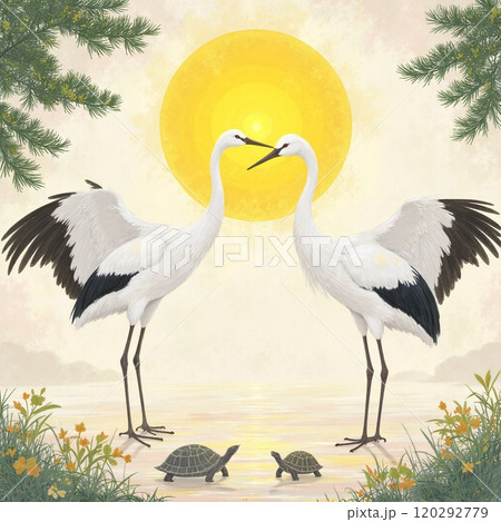 縁起物の鶴と亀で祝う幸福のデザイン 120292779