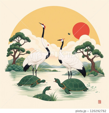 縁起物の鶴と亀で祝う幸福のデザイン 120292782