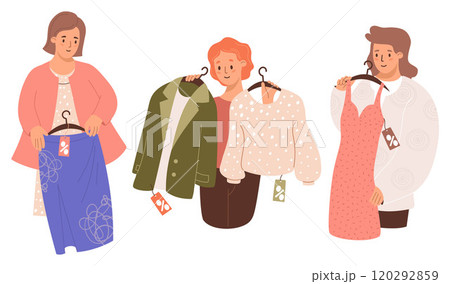 Shopping day. Cute women choose clothes on sale. Trying on skirt, dress, business jacket and casual blouse. Isolated Female shopper. Vector illustration. Consumerism, purchase concept, Black Friday . 120292859