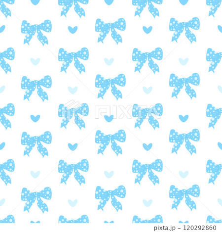Soft blue polka dots bow. Coquette Seamless pattern decorative bow-knot ribbon and hearts on white background. Trendy aesthetic textured elegant accessories backdrop. Vector illustration. 120292860