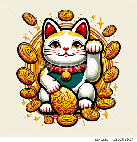 幸運を招く金運の象徴・招き猫と金貨 120292914