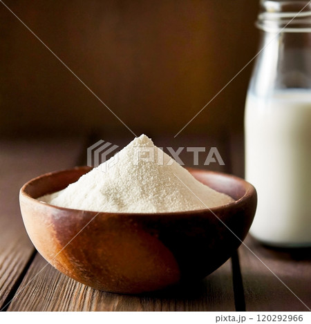 スキムミルクパウダーと低脂肪牛乳 木製キッチンの背景 スキムミルクパウダーと低脂肪牛乳 木製キッチンの背景 120292966