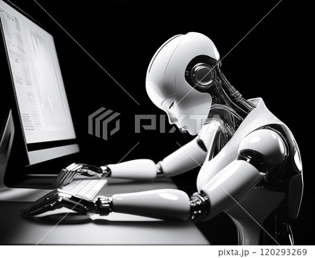 デスクトップパソコンの前で仕事中に居眠りをする人工知能ロボット　黒背景 120293269