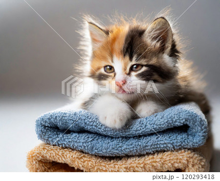 タオルの上で眠そうな三毛猫の子猫 タオルの上で眠そうな三毛猫の子猫 120293418