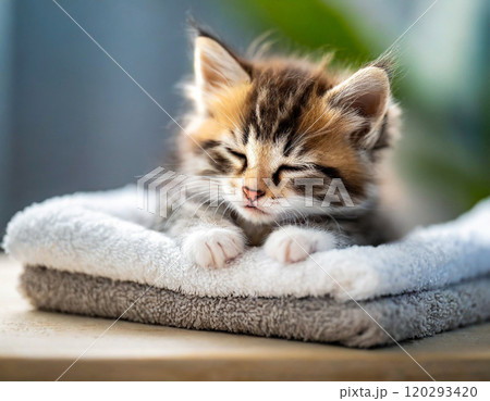 タオルの上で眠そうな三毛猫の子猫 タオルの上で眠そうな三毛猫の子猫 120293420