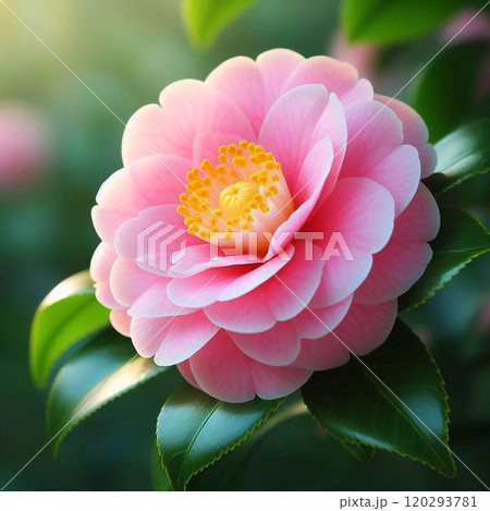 ピンク色に輝く椿の花のクローズアップ 120293781