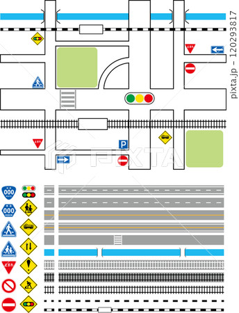 交通ルールの学習、地図の作製などに使える線路・道路・標識のセット 120293817