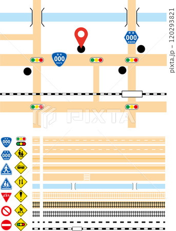 交通ルールの学習、地図の作製などに使える線路・道路・標識のセット 120293821