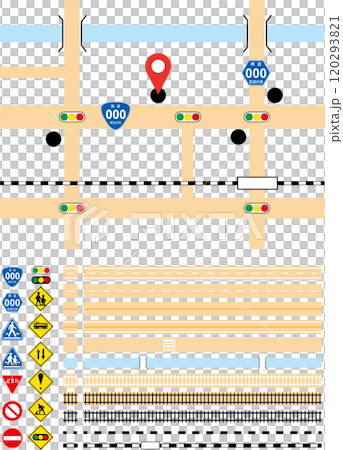 交通ルールの学習、地図の作製などに使える線路・道路・標識のセット 120293821