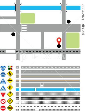 交通ルールの学習、地図の作製などに使える線路・道路・標識のセット 120293822