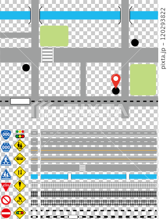 交通ルールの学習、地図の作製などに使える線路・道路・標識のセット 120293822
