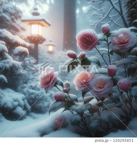 雪に映えるピンクの椿と灯籠の光 120293851