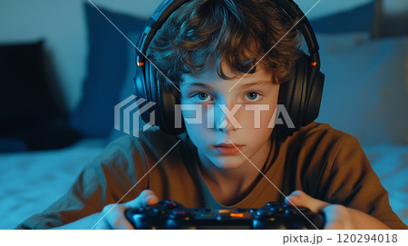 ヘッドホンをつけてゲームに集中する少年 120294018