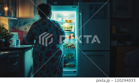 冷蔵庫の前で食べ物を探す女性 120294033