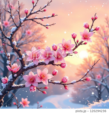 穏やかな冬の夕暮れと霜化粧の梅 穏やかな冬の夕暮れと霜化粧の梅 120294236