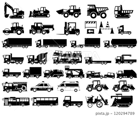 【修正版】いろんな働く車 白黒シルエット(重機・トラック・緊急車両・バス・農業機械) 【修正版】いろんな働く車 白黒シルエット(重機・トラック・緊急車両・バス・農業機械) 120294789
