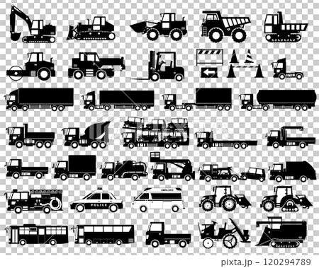 【修正版】いろんな働く車 白黒シルエット(重機・トラック・緊急車両・バス・農業機械) 【修正版】いろんな働く車 白黒シルエット(重機・トラック・緊急車両・バス・農業機械) 120294789