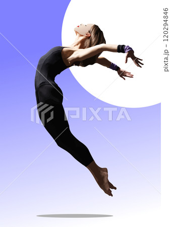 Young woman dancer leaping gracefully in front of a circle on blue gradient background Young woman dancer leaping gracefully in front of a circle on blue gradient background 120294846