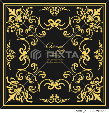 Golden frame with floral ornaments creating a border on black background. Golden frame with floral ornaments creating a border on black background. 120294847