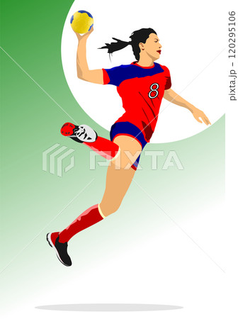 Female handball player jumping and throwing ball in mid-air 120295106