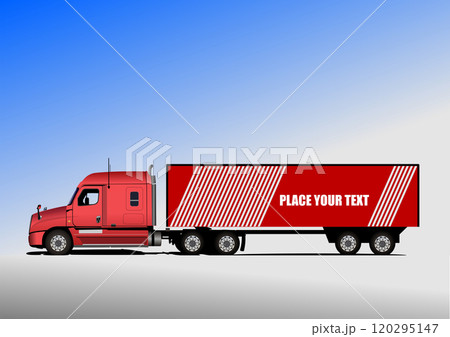 Red semi-trailer truck delivering goods with empty space on the side for your advertisement Red semi-trailer truck delivering goods with empty space on the side for your advertisement 120295147