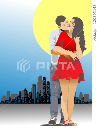Man and woman kissing in front of a city skyline Man and woman kissing in front of a city skyline 120295148