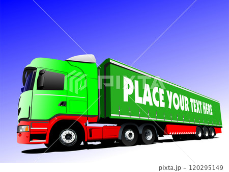 Green semi trailer truck delivering goods on a sunny day Green semi trailer truck delivering goods on a sunny day 120295149