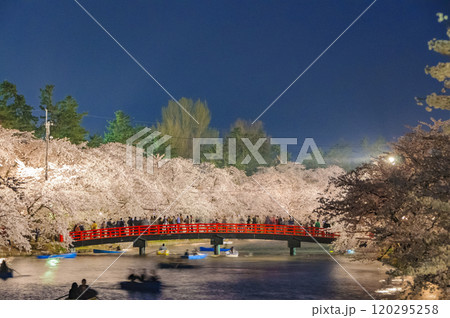 弘前城、ライトアップされた夜桜と橋 120295258