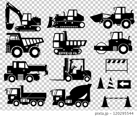 [Revised version] Heavy machinery, construction machinery, working vehicles, black and white silhouettes 120295544