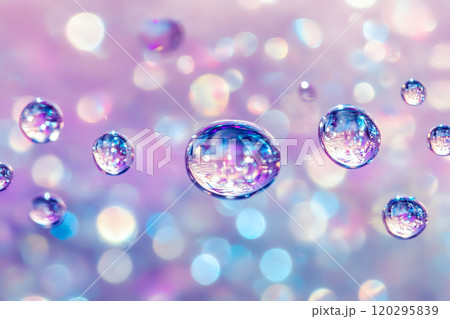Ethereal Iridescent Droplets with Glossy Sheen Suspended in Zero Gravity and Soft Background 120295839