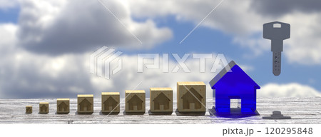 Mortgage concept. Wooden house model with copyspace and key. 3d rendering 120295848