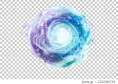 Circular Galaxy with Dynamic Swirls of Purple Blue and Green Colors on Transparent Background 120296158